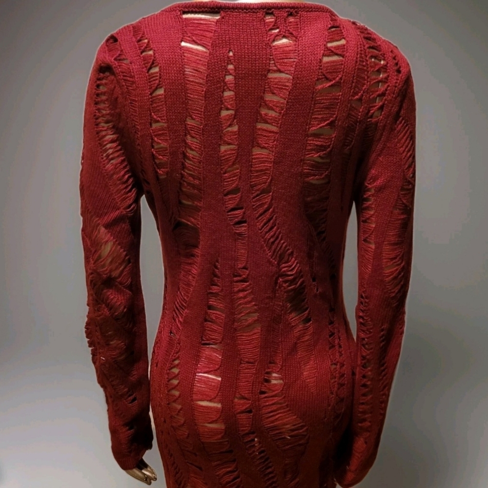 NWT Burgandy Distressed Long Sleeve Knit Maxi Sweater Dress Sz M - Picture 14 of 15